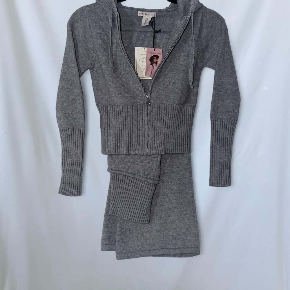 Sincerely Jules 2-Piece Gray Knit Zip-Up Hoodie and Skirt Set